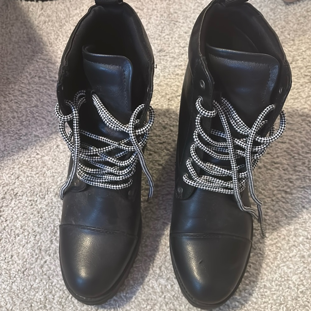 Black boots with white and black checkered laces, women’s size 9 (3 in heel)